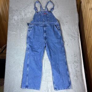 Dickies Overalls Mens 38x32 (Fits 40x30) Bib Denim Workwear Whiskered Faded Blue